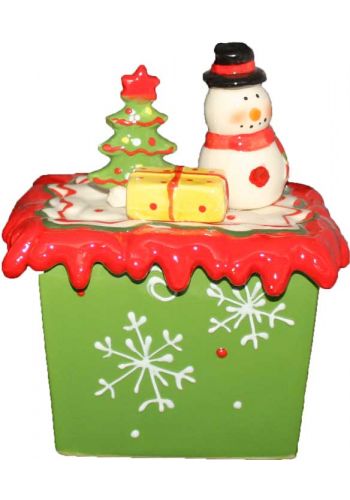 Χριστουγεννιάτικη Κεραμική Μπισκοτιέρα Πράσινη με Χιονάνθρωπο - 14*10*16 εκ