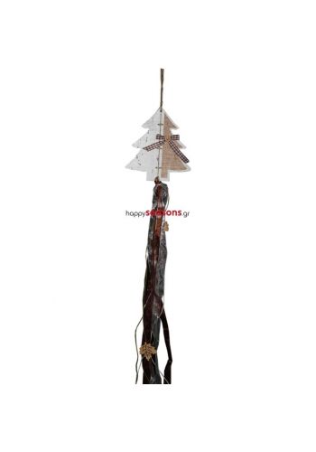 Χριστουγεννιάτικο Στολίδι Κρεμαστό Ξύλινο Δεντράκι, με Κορδέλες Καφέ (55cm)