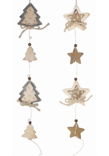 Χριστουγεννιάτικα Κρεμαστά Ξύλινα Στολίδια, με Φιόγκους και Χάντρες Καφέ - 2 Σχέδια (40cm)