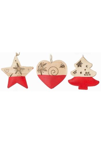 Χριστουγεννιάτικα Ξύλινα Κρεμαστά Κόκκινα και Μπεζ Στολίδια, 10cm (3 σχέδια)
