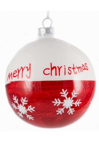 Χριστουγεννιάτικη Μπάλα Γυάλινη Κόκκινη - Λευκή με Ευχή και Χιονονιφάδες (8cm)