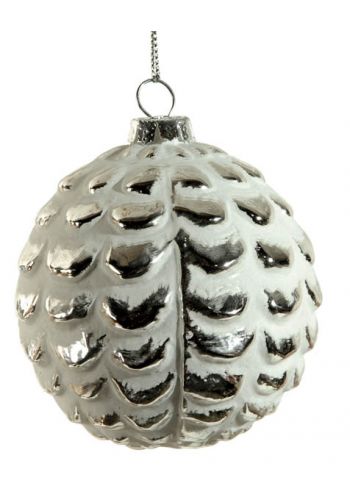 Χριστουγεννιάτικη Λευκή Γυάλινη μπάλα Κουκουνάρι (8cm)