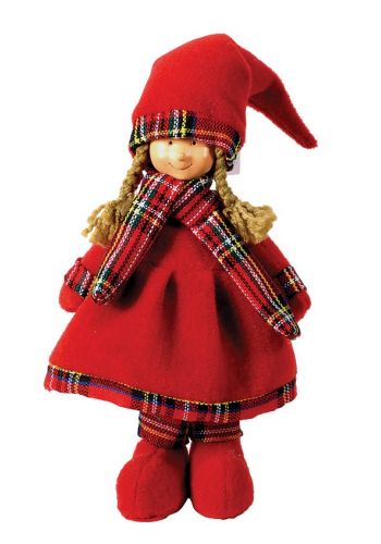 Χριστουγεννιάτικο Διακοσμητικό Κοριτσάκι, με Κόκκινο Φόρεμα, Σκούφο και Κασκόλ (37cm)