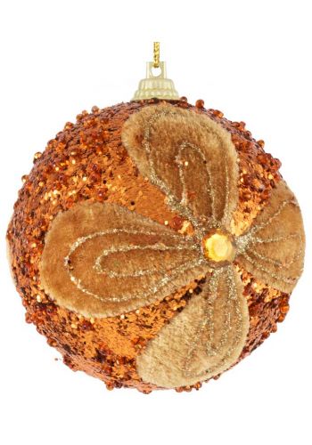 Χριστουγεννιάτικη Μπάλα Μπρονζέ, Διακοσμημένη με Λουλούδι και Χάντρες - 9cm