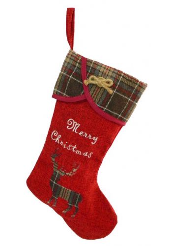 Χριστουγεννιάτικη Διακοσμητική Κόκκινη Κάλτσα Καρό με Τάρανδο (47cm)