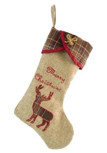 Χριστουγεννιάτικη Διακοσμητική Μπεζ Κάλτσα Καρό με Τάρανδο (47cm)