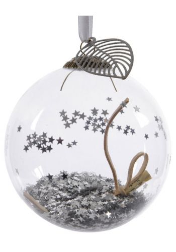 Χριστουγεννιάτικη Γυάλινη Μπάλα Δέντρου, με μεταλλικό Φύλλο και Ασημί Αστεράκια στο Εσωτερικό - 10cm