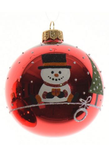Χριστουγεννιάτικη Γυάλινη Παιδική Μπάλα Δέντρου, Κόκκινη με Χιονάνθρωπο - 8cm