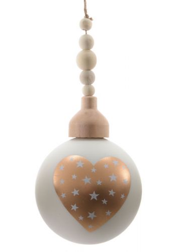 Χριστουγεννιάτικη Γυάλινη Μπάλα Δέντρου Λευκή, με Χρυσή Καρδιά και Ξύλινο Καπάκι - 10cm
