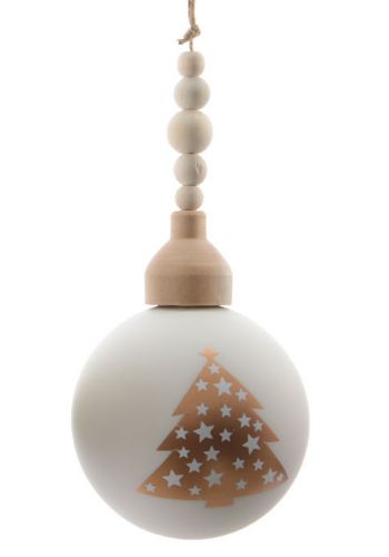Χριστουγεννιάτικη Γυάλινη Μπάλα Δέντρου Λευκή, με Χρυσό Δεντράκι και Ξύλινο Καπάκι - 10cm