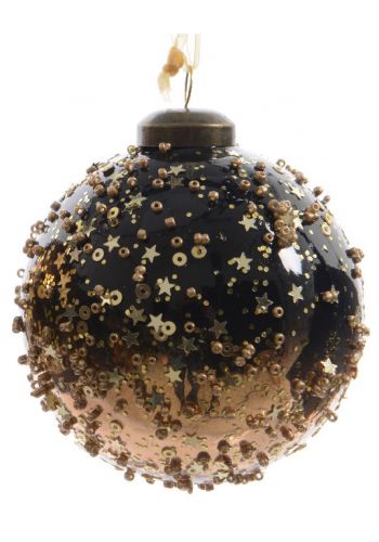 Χριστουγεννιάτικη Γυάλινη Μπάλα Δέντρου Μαύρη, Διακοσμημένη με Αστεράκια και Χάντρες - 8cm