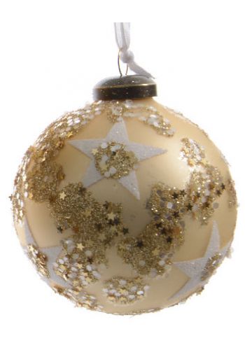 Χριστουγεννιάτικη Γυάλινη Μπάλα Δέντρου Χρυσή, με Λευκά Αστέρια - 8cm
