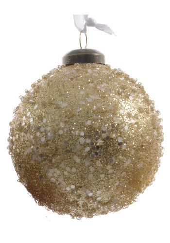 Χριστουγεννιάτικη Γυάλινη Μπάλα Δέντρου Χρυσή, με Λευκές Χάντρες - 8cm