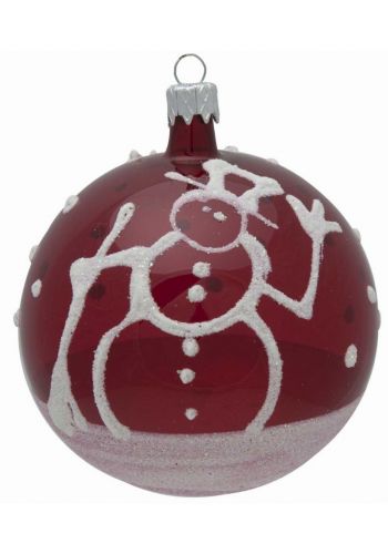 Χριστουγεννιάτικη Χειροποίητη Μπάλα Κόκκινη Γυάλινη με Χιονάνθρωπο, 8εκ