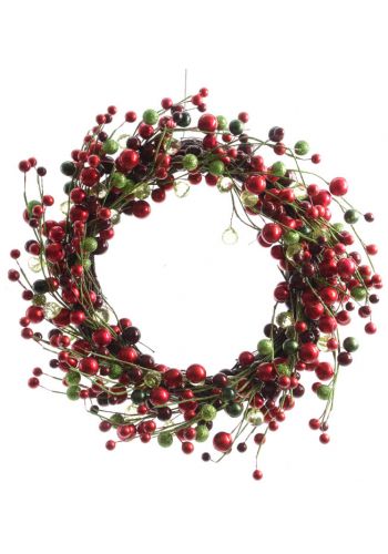 Χριστουγεννιάτικο Στεφάνι με Κόκκινα, Μαύρα και Πράσινα Μούρα - 43 cm