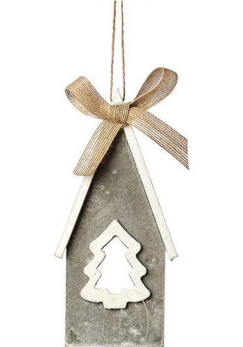 Χριστουγεννιάτικο Κρεμαστό Ξύλινο Σπιτάκι Γκρι με Λευκό Δεντράκι (18cm)