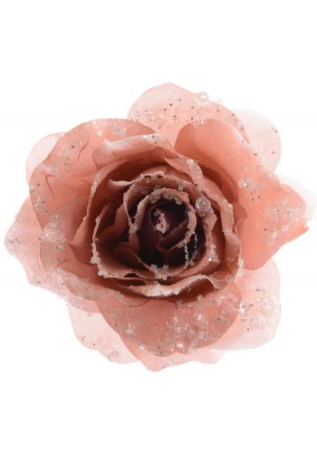 Χριστουγεννιάτικο Διακοσμητικό Λουλούδι Τριαντάφυλλο με Κλιπ, Ροζ με Στρας - 14εκ