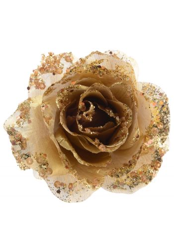 Χριστουγεννιάτικο Διακοσμητικό Λουλούδι Τριαντάφυλλο με Κλιπ, Χρυσό με Στρας (14cm)