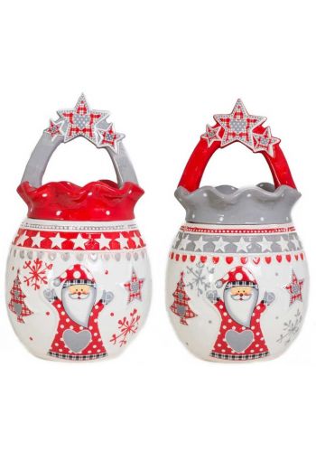 Χριστουγεννιάτικες Λευκές Κεραμικές Μπισκοτιέρες με Γκρι και Κόκκινο Καπάκι και Αστεράκια, 32cm (2 σχέδια) - 1 Τεμάχιο