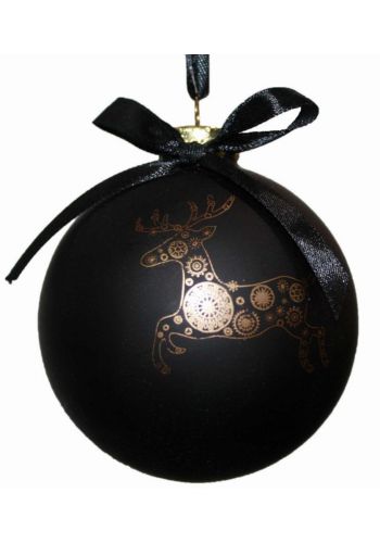 Χριστουγεννιάτικη Μαύρη Γυάλινη Μπάλα με Φιόγκο και Χρυσό Τάρανδο (8cm)
