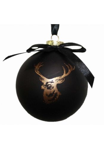 Χριστουγεννιάτικη Μαύρη Γυάλινη Μπάλα με Φιόγκο και Χρυσό Κεφάλι Ταράνδου (8cm)