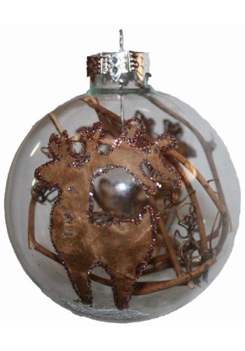 Χριστουγεννιάτικη Διάφανη Γυάλινη Μπάλα, με Τάρανδο και Κλαδάκια στο Εσωτερικό (8cm)