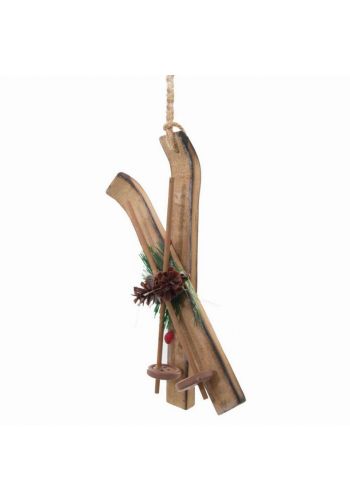 Χριστουγεννιάτικα Ξύλινα Κρεμαστά Πέδιλα του Σκι με Γκι και Κουκουνάρια, 15cm - 1 Τεμάχιο