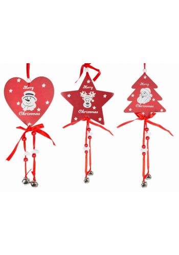 Χριστουγεννιάτικα Ξύλινα Στολίδια, Κόκκινα με Χάντρες και Κουδουνάκια - 3 Σχέδια (30cm)
