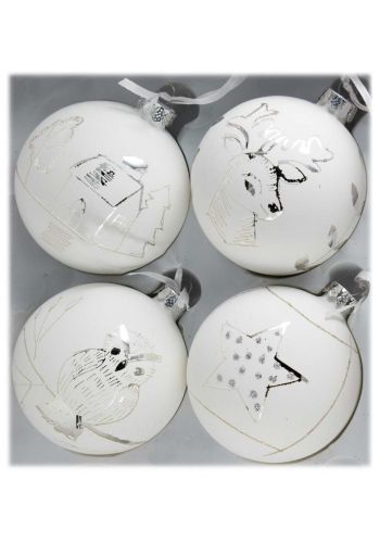 Χριστουγεννιάτικες Γυάλινες Λευκές Μπάλες με Ασημί Ανάγλυφα Σχέδια, Σετ 4 τεμ - 8cm