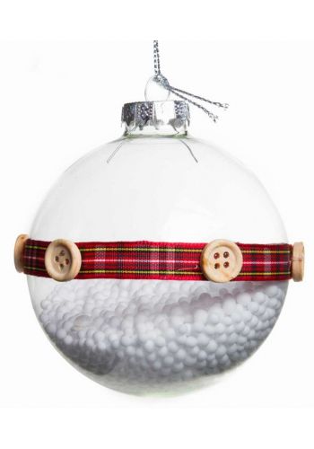 Χριστουγεννιάτικη Γυάλινη Διάφανη Μπάλα, με Κουμπιά και Χιόνι Εσωτερικά (8cm)