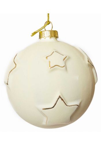 Χριστουγεννιάτικη Γυάλινη Μπεζ Μπάλα, με Ανάγλυφα Αστέρια με Χρυσό Περίγραμμα, 10cm