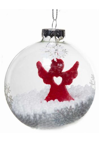 Χριστουγεννιάτικη Διάφανη Γυάλινη Μπάλα με Αγγελάκι Τσόχινο και Χιόνι στο Εσωτερικό, 8cm