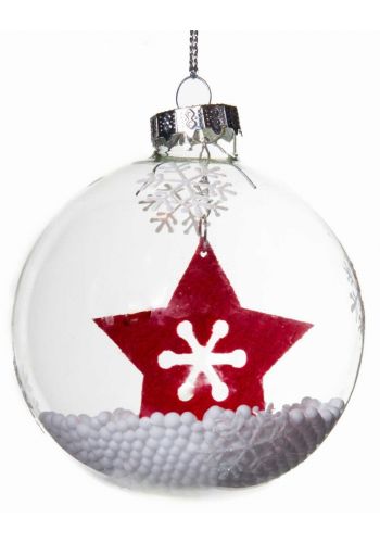 Χριστουγεννιάτικη Διάφανη Γυάλινη Μπάλα με Αστεράκι Τσόχινο και Χιόνι στο Εσωτερικό, 8cm