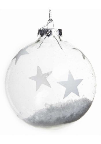 Χριστουγεννιάτικη Γυάλινη Διάφανη Μπάλα, με Αστέρια και Χιόνι στο Εσωτερικό, 8cm