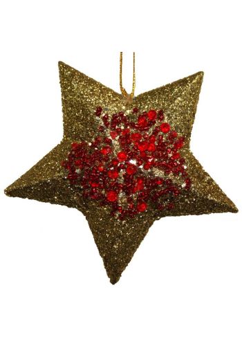 Χριστουγεννιάτικα Χρυσά Κρεμαστά Αστεράκια με Στρας και Κόκκινες Χάντρες Σετ 6 τεμαχίων, 9cm