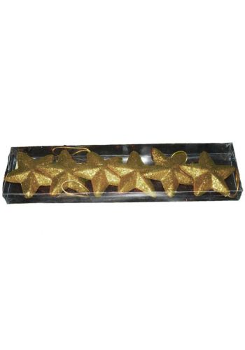 Χριστουγεννιάτικα Πλαστικά Χρυσά Κρεμαστά Αστεράκια με Στρας Σετ 6 τεμαχίων, 9cm