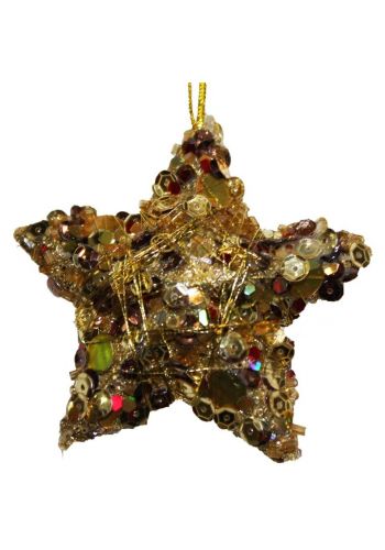 Χριστουγεννιάτικα Χρυσά Κρεμαστά Αστεράκια με Στρας και Πούλιες Σετ 12 τεμαχίων, 7cm