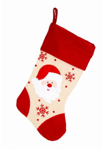 Χριστουγεννιάτικη Κόκκινη και Μπεζ Διακοσμητική Κάλτσα με Άγιο Βασίλη, 45cm
