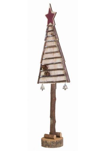 Χριστουγεννιάτικο Ξύλινο Διακοσμητικό Δεντράκι με Αστέρι, Κουκουνάρια και Καμπανάκια Καφέ (50cm)
