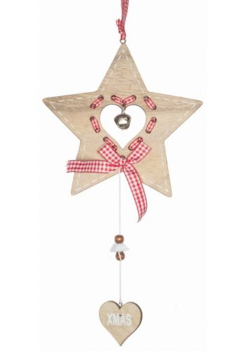 Χριστουγεννιάτικο Ξύλινο Κρεμαστό Αστέρι με Κουδουνάκι και Κρεμαστή Καρδούλα "XMAS" Καφέ (34cm)