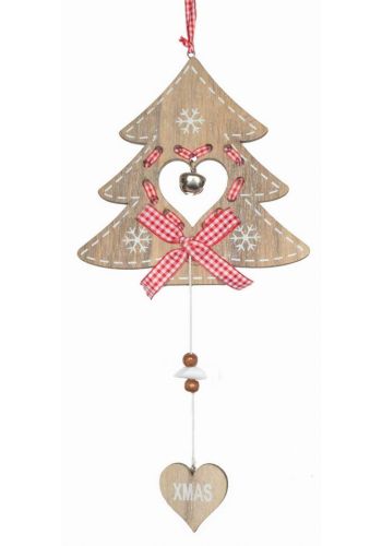 Χριστουγεννιάτικο Ξύλινο Κρεμαστό Έλατο με Κουδουνάκι και Κρεμαστή Καρδούλα "XMAS" Καφέ (34cm)