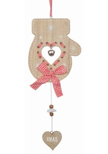 Χριστουγεννιάτικο Ξύλινο Κρεμαστό Γάντι με Κουδουνάκι και Κρεμαστή Καρδούλα "XMAS" (34cm)  - 1 Τεμάχιο