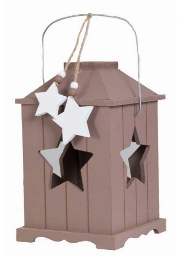 Χριστουγεννιάτικο Καφέ Ξύλινο Διακοσμητικό Φαναράκι με Λευκά Αστεράκια, 20cm