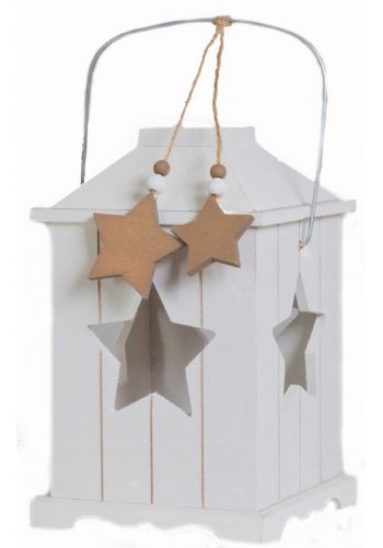 Χριστουγεννιάτικο Λευκό Ξύλινο Διακοσμητικό Φαναράκι με Καφέ Αστεράκια, 20cm