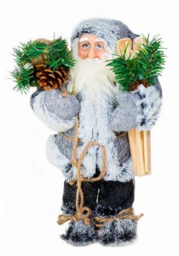 Χριστουγεννιάτικος Διακοσμητικός Λούτρινος Άγιος Βασίλης με Σκι και Σάκο Γκρι (30cm)