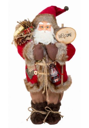Χριστουγεννιάτικος Καφέ Διακοσμητικός Άγιος Βασίλης με Κόκκινο Παλτό και Ταμπέλα "Welcome" ,45cm