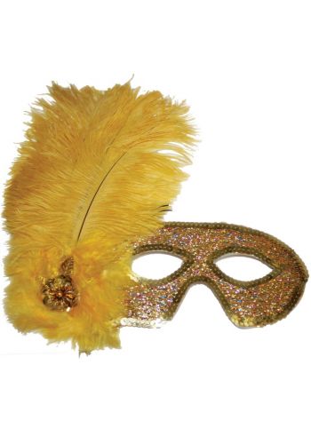 Αποκριάτικο Αξεσουάρ Κίτρινη Μάσκα Ματιών με Πούλιες και Κίτρινο Φτερό