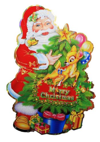 Χριστουγεννιάτικο Χάρτινο Διακοσμητικό Τοίχου Διπλής Όψης με Άγιο Βασίλη, Ελαφάκι, Έλατο, Δώρα και Επιγραφή "Merry Christmas", 60cm