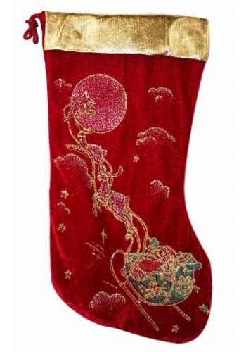 Χριστουγεννιάτικη Βελούδινη Κόκκινη Κάλτσα με Έλκηθρο από Στρας, 30cm