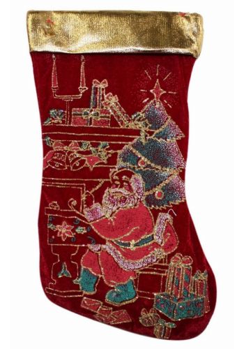 Χριστουγεννιάτικη Βελούδινη Κόκκινη Κάλτσα, με Άγιο Βασίλη από Στρας (30cm)